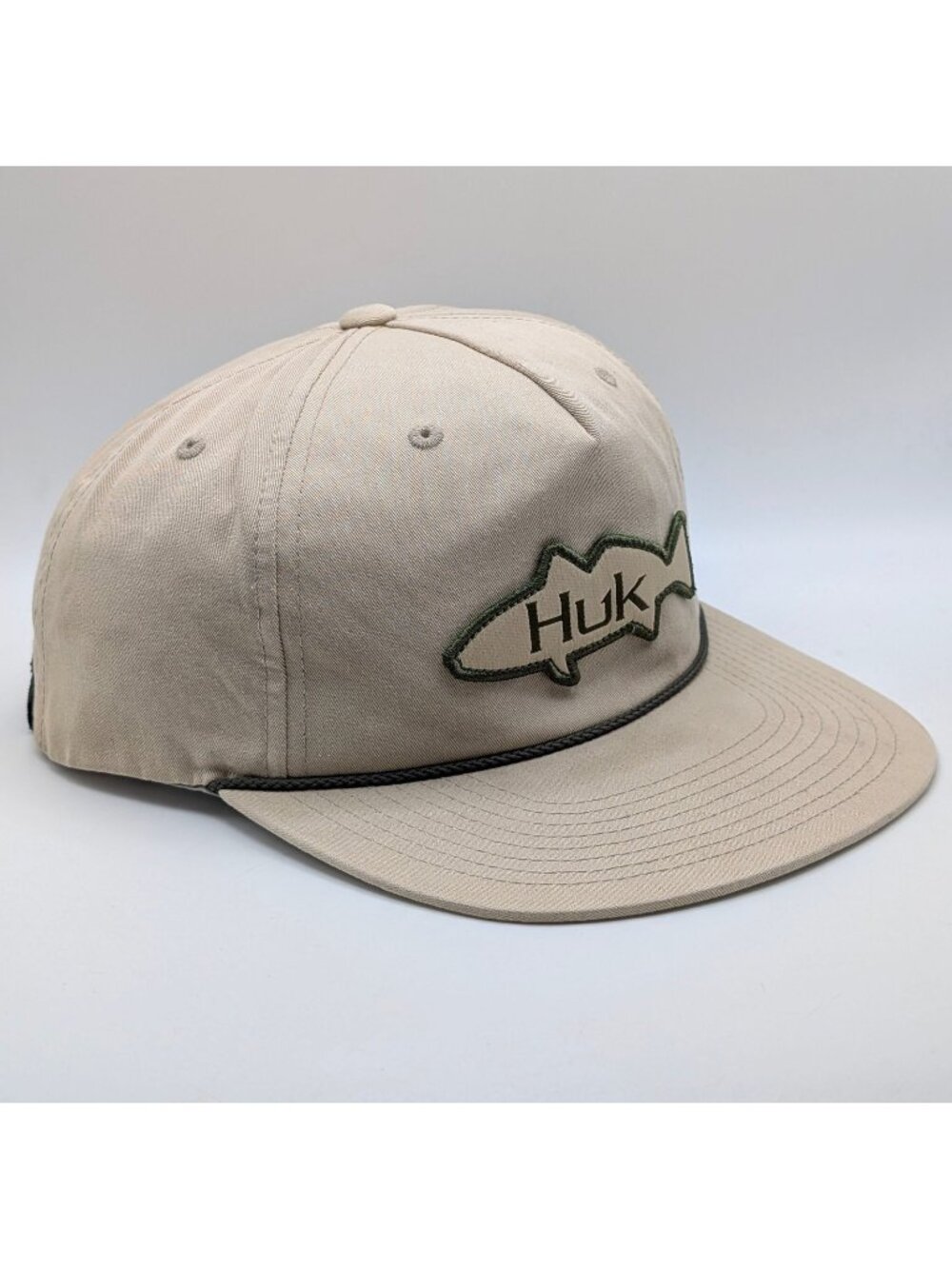 Huk Performance Fishing Hat Beige Tan Rope Snapback Yupoong Cap Flat Bill Retro